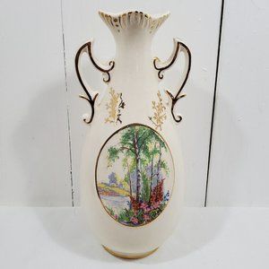 Vintage Double Handled Porcelain Vase 9.5" gold trim floral & woods scenery